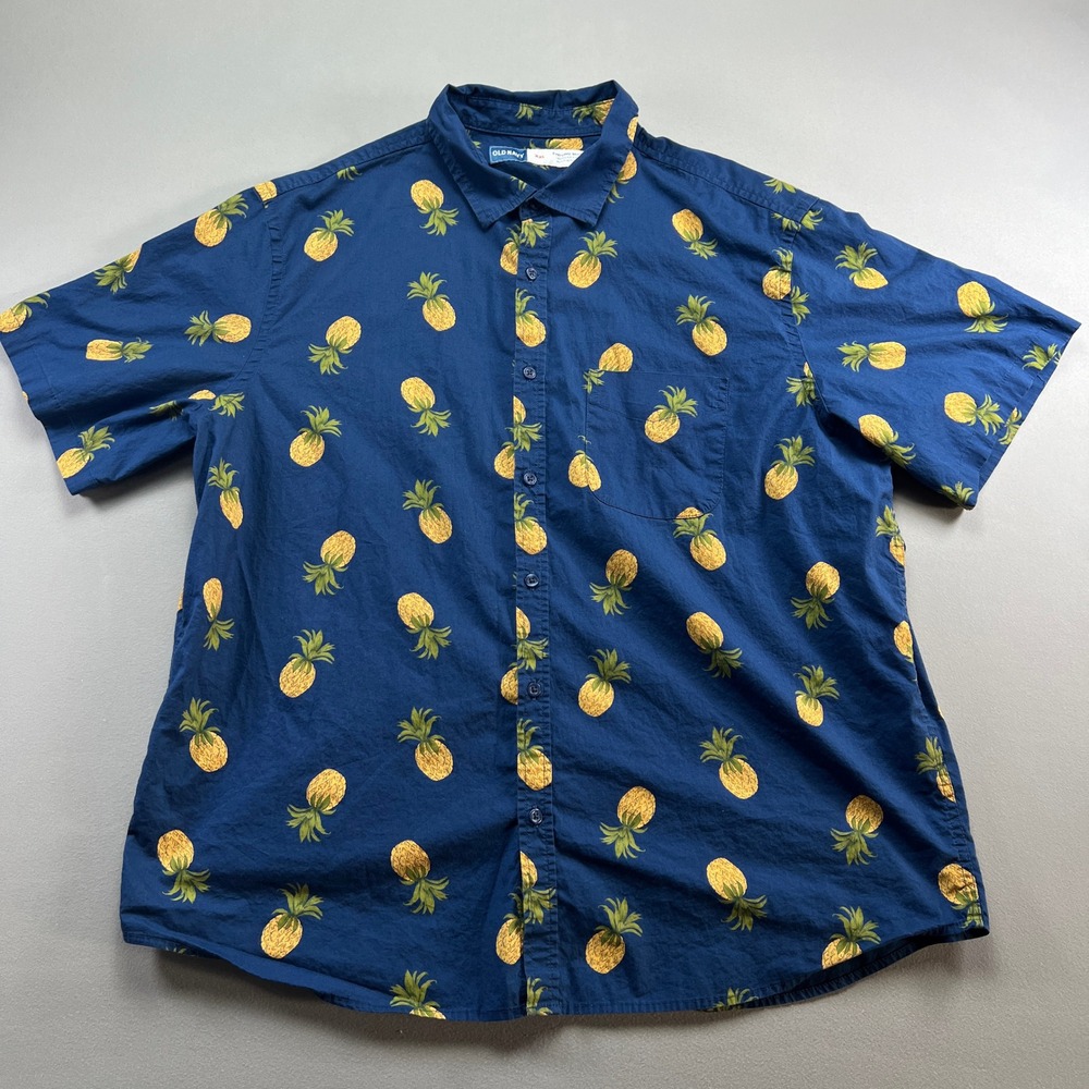 Old Navy Built In Flex Hawaiian Shirt Mens 2XL Blue Pineapple Cotton Stretch